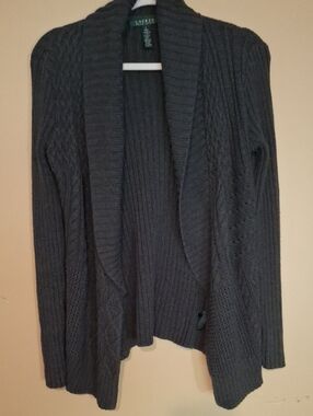 Lauren Ralph Lauren Dark Charcoal Cable Knit Open Cardigan 100% Cotton